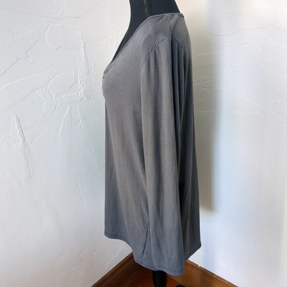 Torrid Cinch Front Top Rib Slate Ribbed Longline Charcoal V-Neck Stretch Tee - Picture 6 of 15